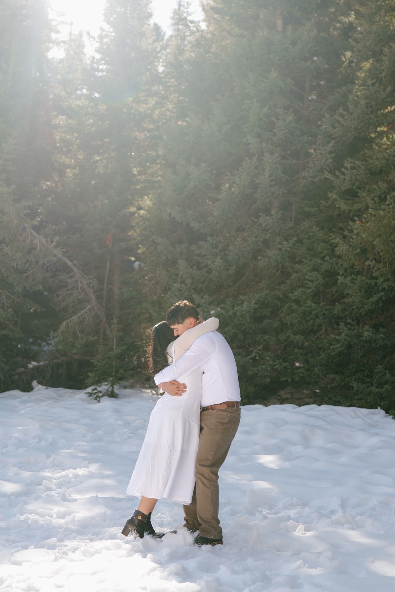 Couple embracing in the snow among sunlit pine trees